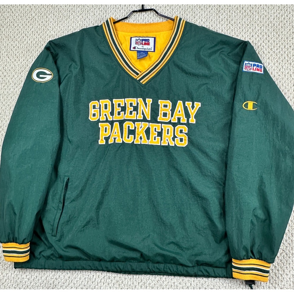 Vtg Green Bay Packers Pullover Men 2XL NFL Pro Line Champion V-Neck Windbreaker